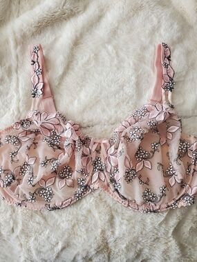 Prima Donna Sheer Floral Embroidered Bra in Light Pink with Black Accents 40DDD